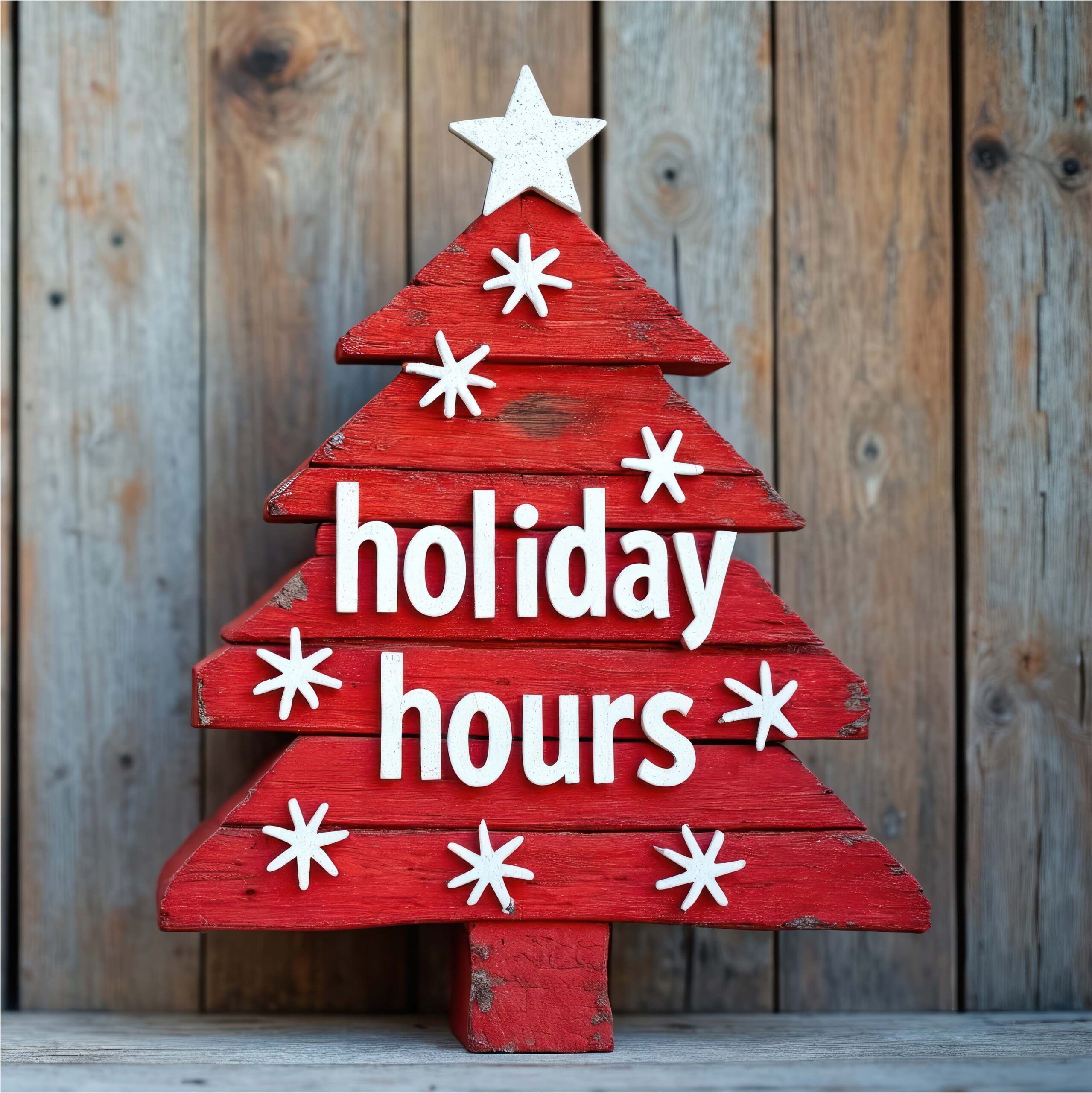 Holiday Hours on Red Wooden Christmas Tree