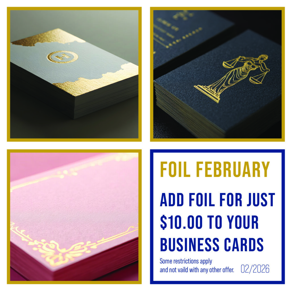Collage of foil-stamped business cards with text: ‘Foil February — Add foil for just $10.00 to your business cards — 02/2026.