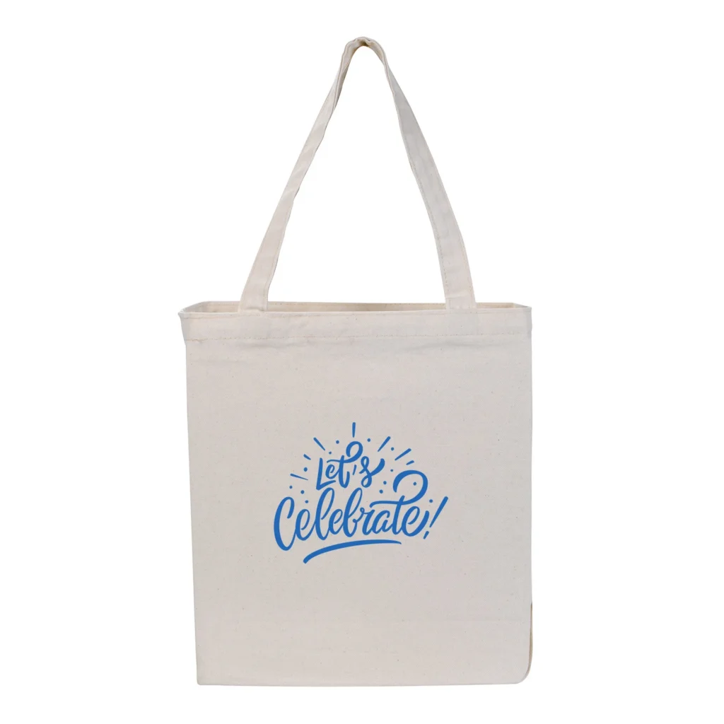 Koozie® Patriotic gusseted cotton tote bag in natural canvas with long handles and “Let’s Celebrate!”