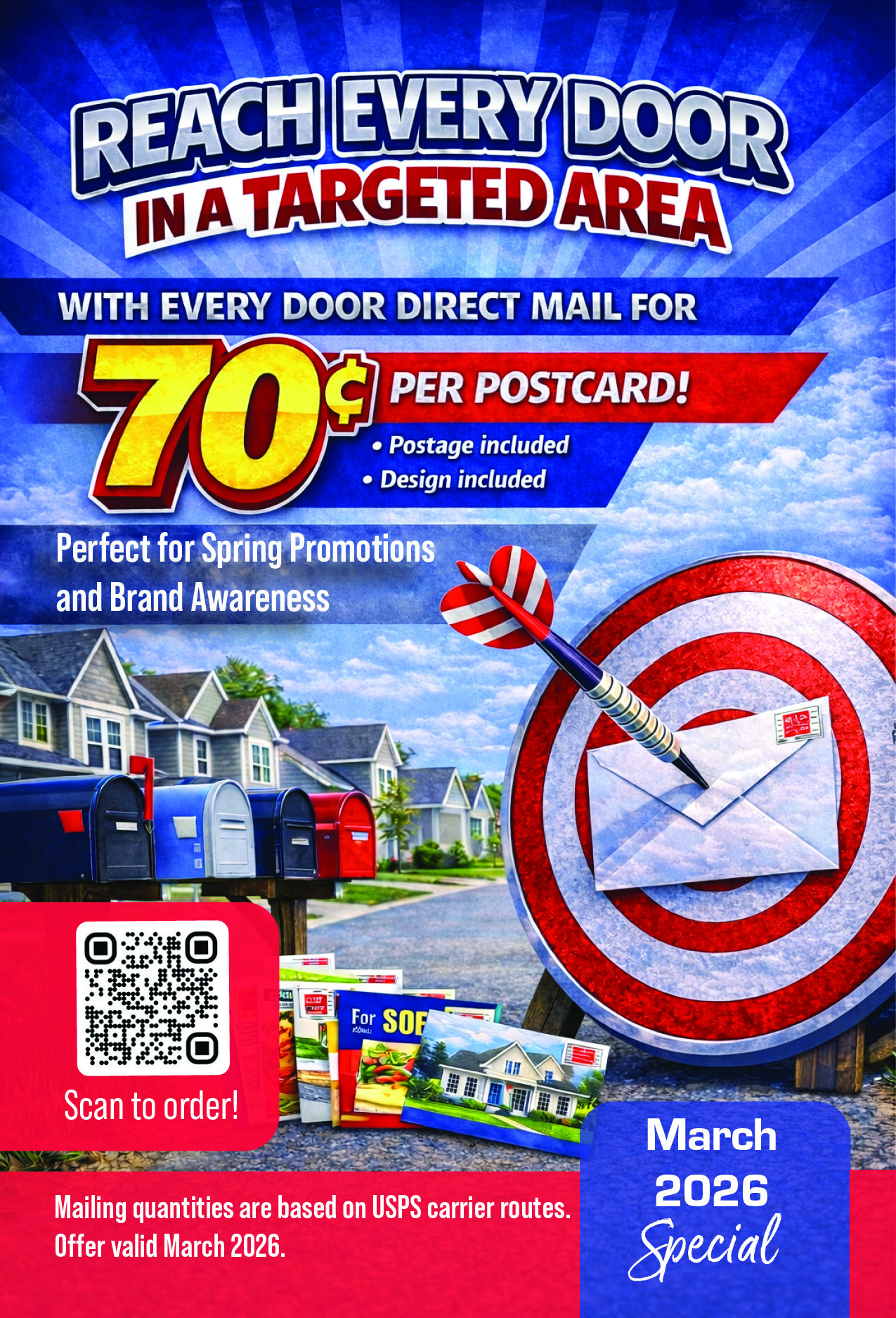 Promotional graphic for USA Quickprint showing Every Door Direct Mail postcards reaching targeted neighborhoods. The image features a dart hitting a mail-themed bullseye, neighborhood mailboxes, and sample postcards promoting a March 2026 special offering direct mail postcards for 70 cents each with postage and design included.