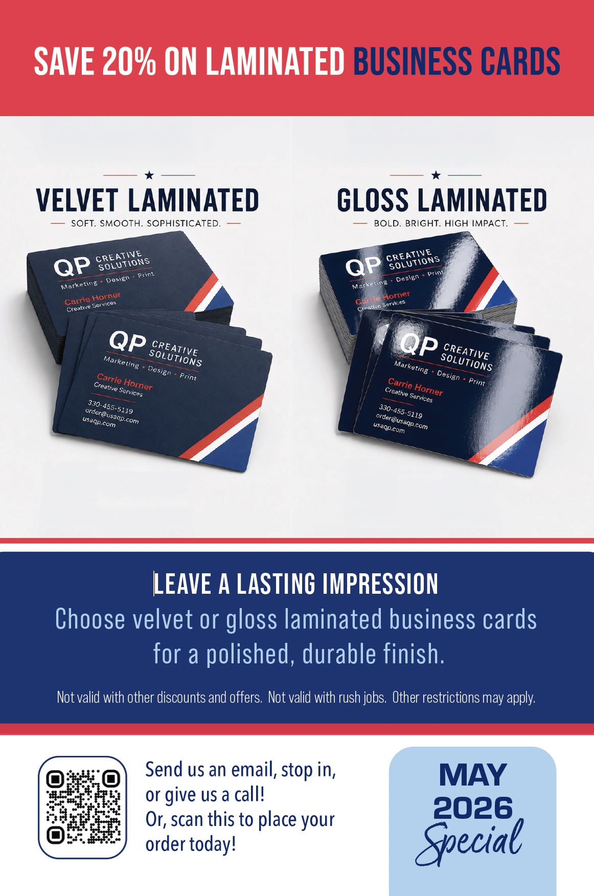 USA Quickprint May 2026 special promoting 20% off laminated business cards, featuring velvet laminated and gloss laminated card examples.