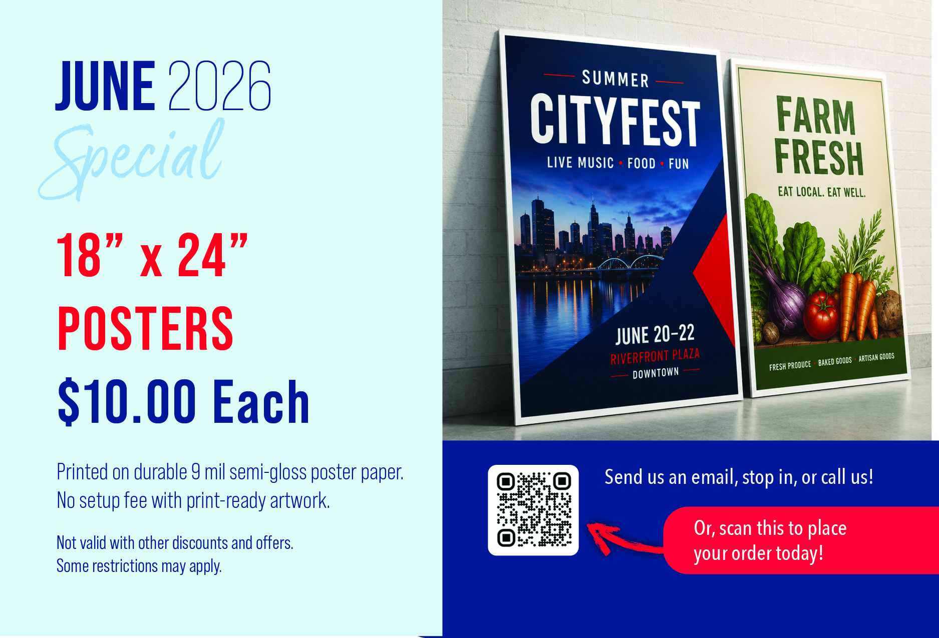 June 2026 USA Quickprint special offering 18 x 24 posters for $10 each, printed on durable 9 mil semi-gloss poster paper with no setup fee for print-ready artwork.